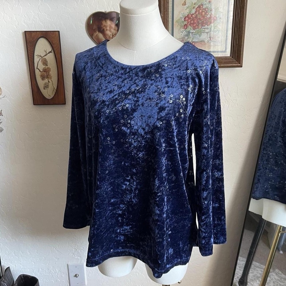 Salon Studio Haband Velvet Top Women Navy Blue Excellent Sequin Floral Long